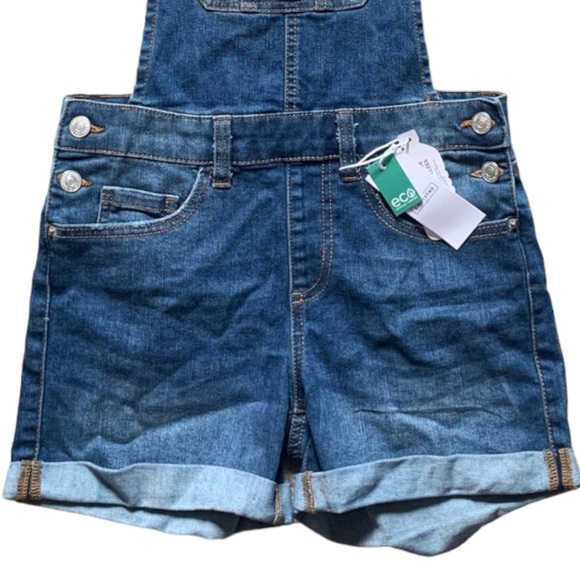 NWT Ardene Eco Repreve Recycled Halter Dungarees Overall Denim Jean Shorts - Picture 3 of 5